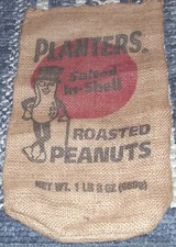 RARE PLANTERS SALTED IN SHELL ROASTED PEANUTS ADVERTISING BURLAP BAG1 LB VINTAGE