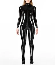 Women's Synthetic Latex Catsuit Zipper Bodysuit Jumpsuit Costume Attached Socks