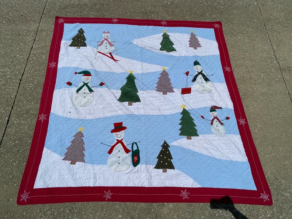 Vintage Handmade 80" Square Winter Frosty Snowman Cotton Corduroy Fleece Quilt - Image 2 of 4