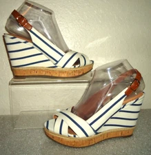 Coach And Four Blue White Blue Striped Open-Toe Slingback Wedge Size-8/38