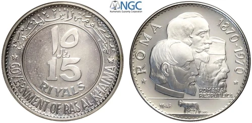 RAS AL KHAIMAH , 15 RIYALS 1970 ROME CENTENNIAL - NGC PF 67 UC ( U ) , RARE