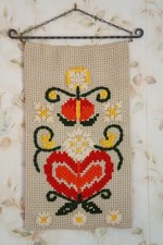 Yarn Art Flower Wall Hanging, Folk Art, Flowers  Hearts, Vintage Handmade, 27"