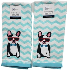 2 Embroidered Kitchen Terry Hand Towels(15"x25")DOG IN SUMMER GLASSES & WAVES,MS
