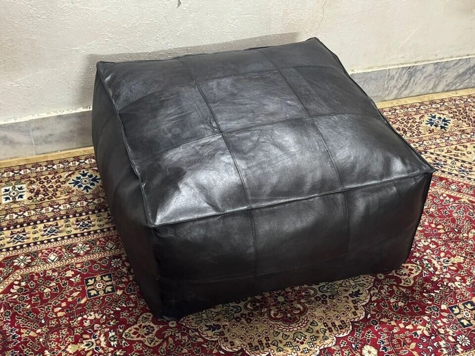 30'' Black New Ottoman Leather Unstuffed Moroccan Pouf Home Decore - Image 4 of 4