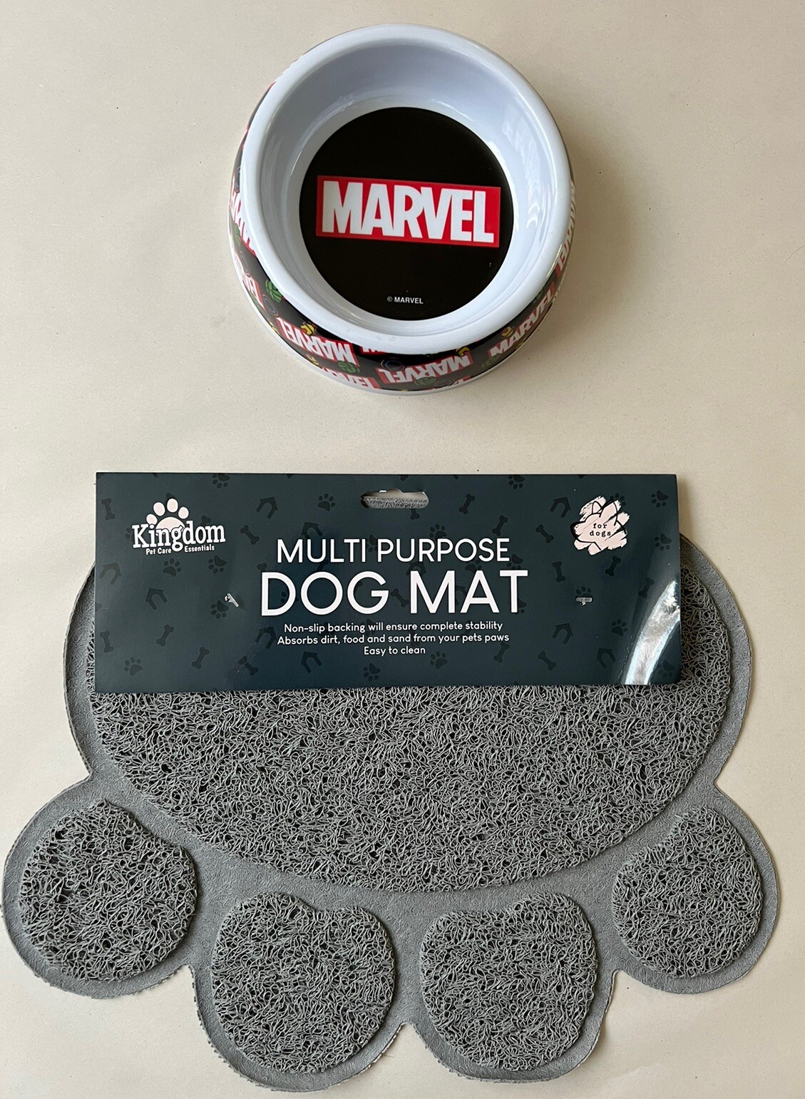 Marvel Dog Bowl & Grey Dog Paw Mat Pet Food Water Cat Rabbit Non Slip NEW