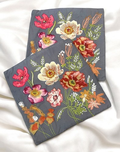Pier 1 Set Of 2 Boho Embroidered Flowers Accent Pillow Cover 18" X 18" Pier One