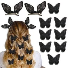 10Pcs Black Butterfly Hair Clips Gothic Lace Embroidery Bows Hair Barrettes N...