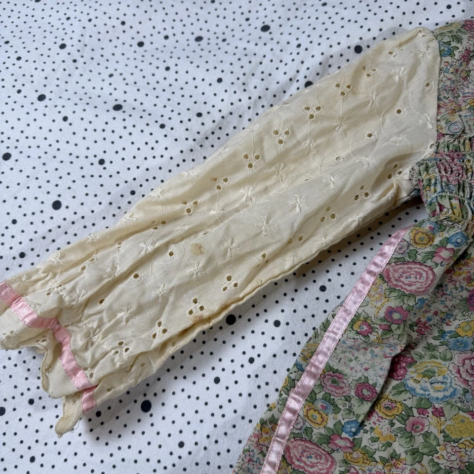 Vestido Vintage Años 70 Little Star Prairie Niña 4T Beige Rosa Floral Manga Larga Foto 4 de 4