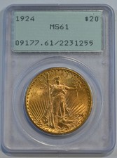 PCGS rattler holder 1924  $20 St. Gaudens Gold  Double Eagle - MS61