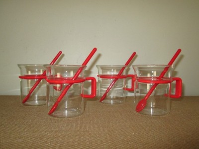 4 Vintage BODUM Red Espresso Bistro Cups & Spoon Set Capt Picard Glass 8 oz Mugs