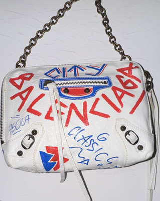 Authentic Balenciaga Graffiti Leather Chain Bag White, Red & Blue + COA