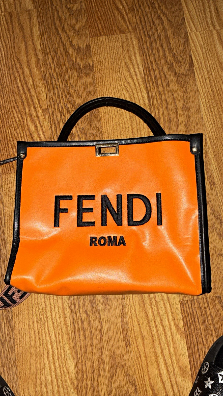Fendi Orange/Black Small Top Handle Bag w/ Logo Detachable Strap, Clasp