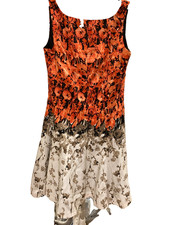 J Taylor Fit n Flare Dress Size 10 Orange Black White Beige Floral Sleeveless