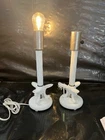 Pair Vintage Milk Glass Swirl & Palm Leaves Boudoir Lamps {724}