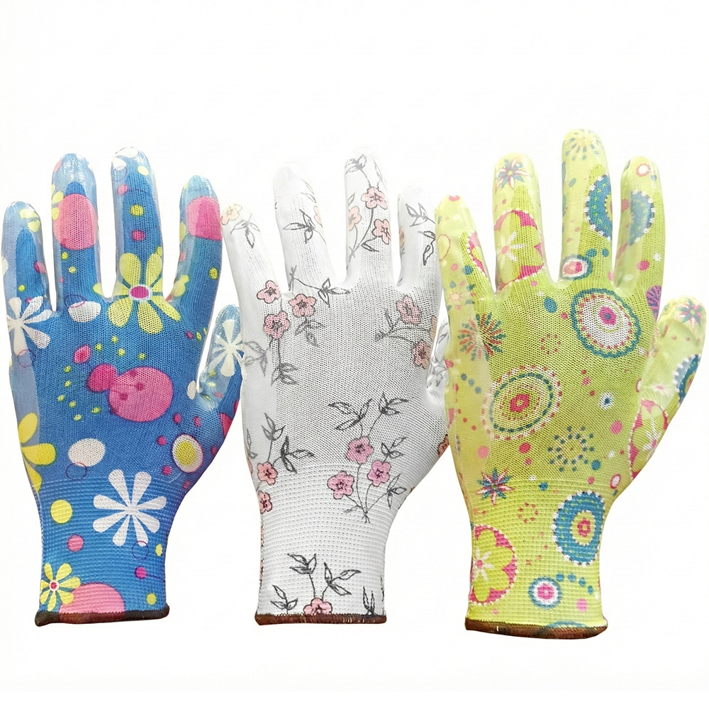 3 Pack Ladies Floral Gardening Gloves Nitrile Coated Water Resistant Work Wear