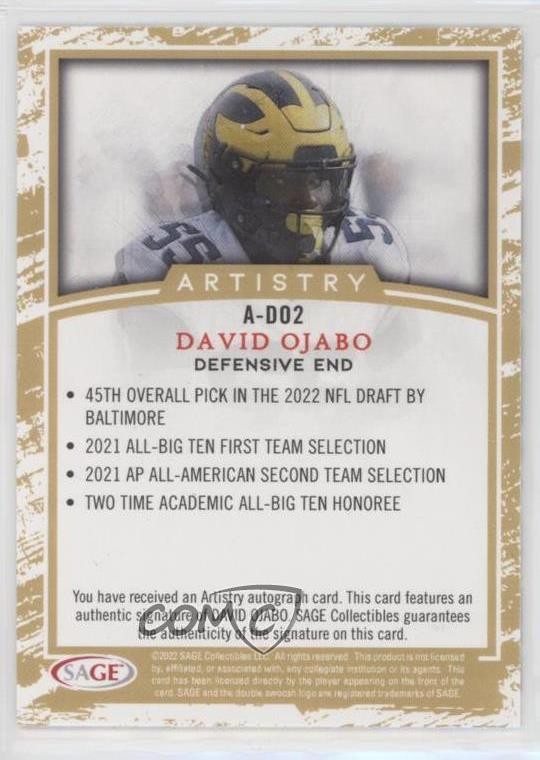 2022 SAGE Artistry Auto David Ojabo #A-DO2 Rookie Auto RC | eBay