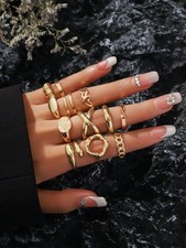 12pcs Gold Wide Band Ring Set Heart Cross Cutout Punk Hip Hop Fashion