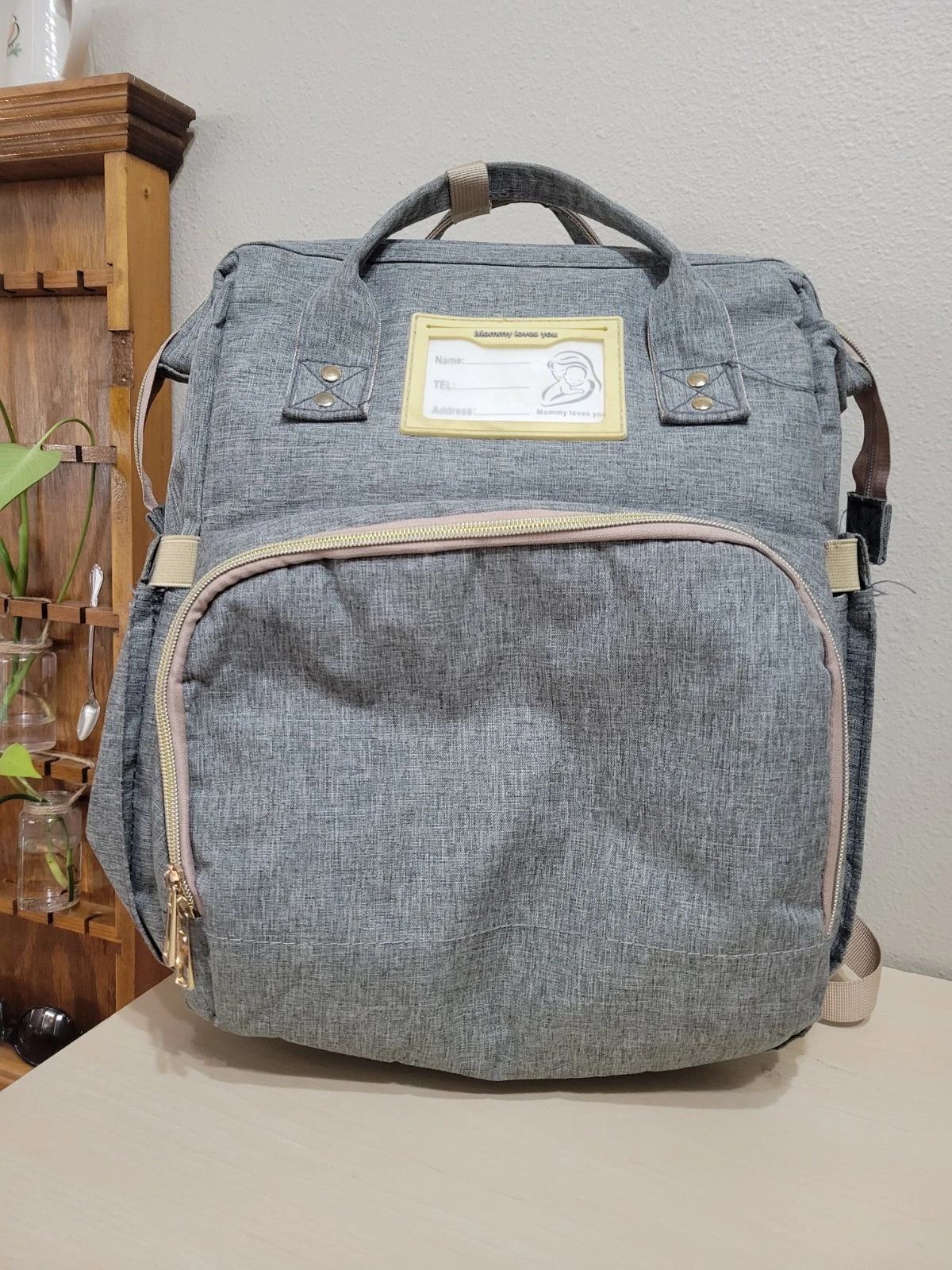Convertible Diaper Bag Backpack Gray Beige Fold Out Changing Station