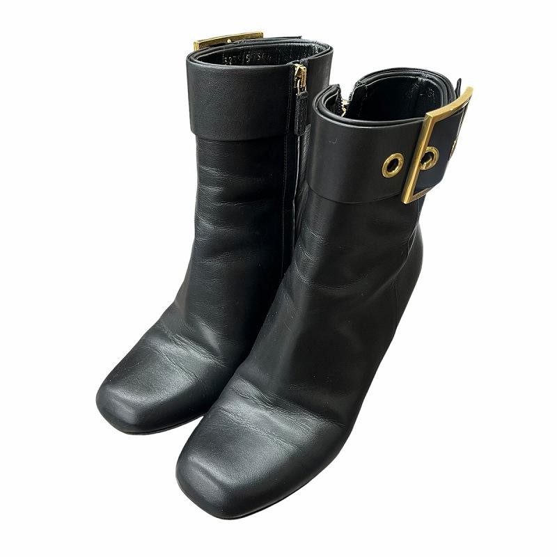 GUCCI Short Belt Design Leather Boots Size:36.5/JP:23.5 Black 141194K Authentic