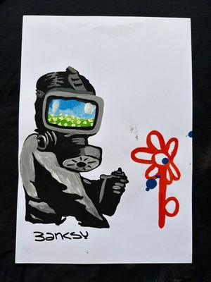 BANKSY drawing and painting on old paper signed stamped vintage