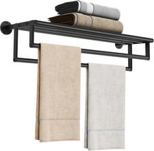 Double Towel Rack with Shelf Stainless Steel 24 Inch Matte Black Wall Mount