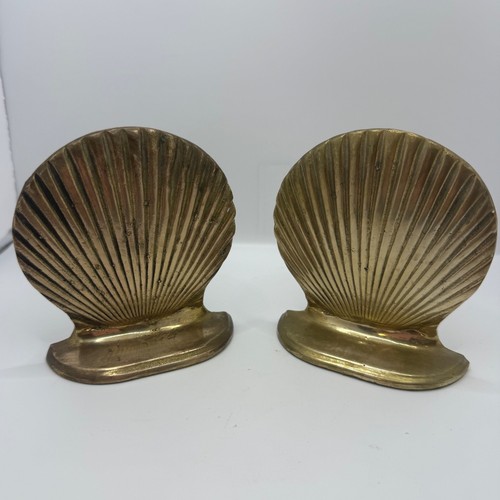 Vintage Brass Shell Bookends Coastal Scallop Nautical Decor Set of 2 Gold Tone