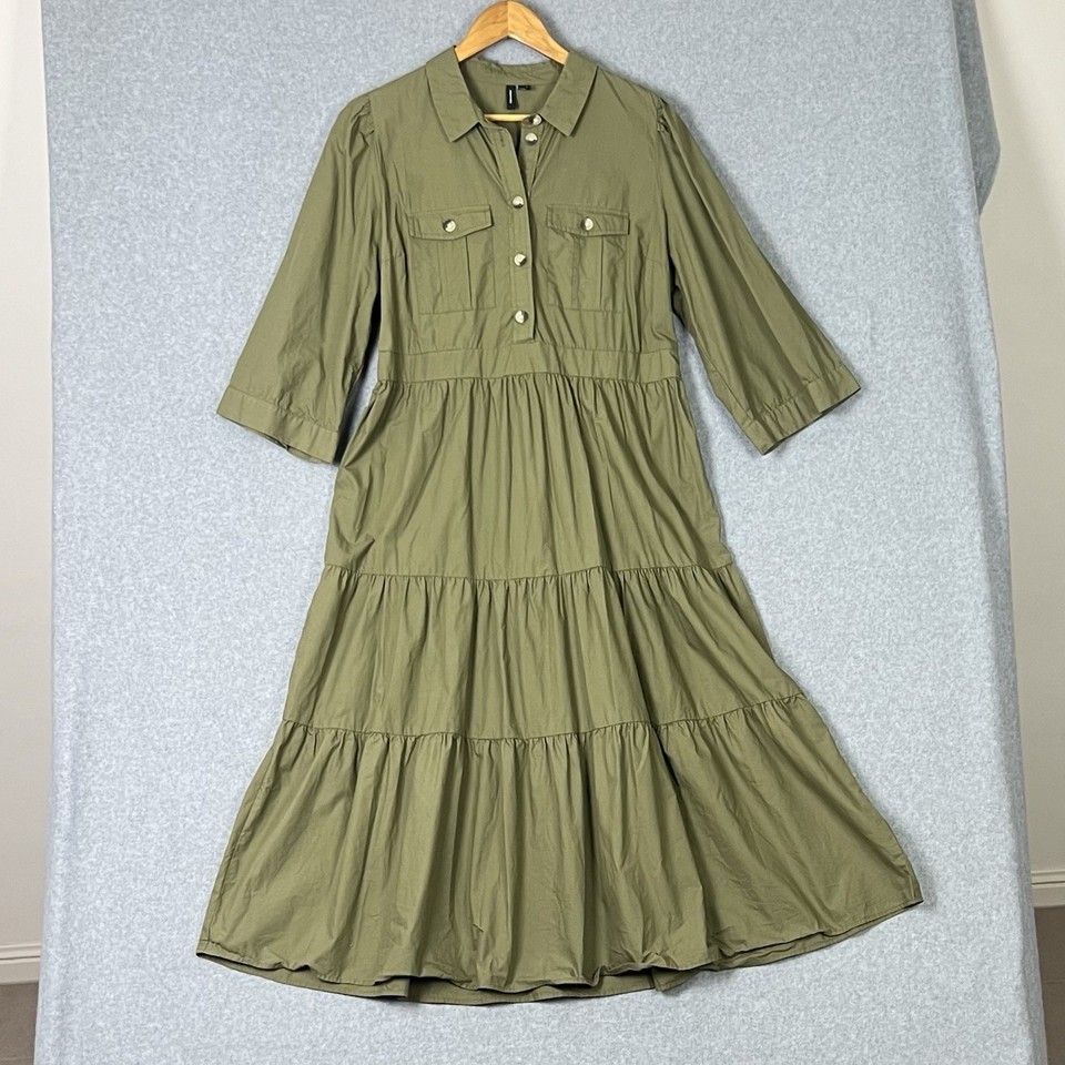 Vero Moda Shirt Dress Womens XL Vmhisla Midi Tiered Olive Green Cotton Utility