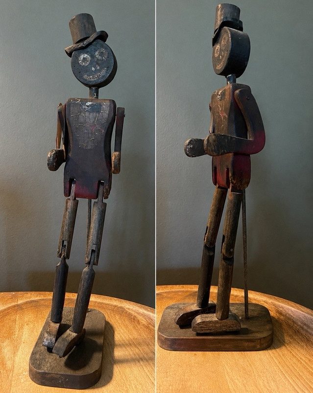 Hand-Carved Painted Wooden Folk Art Man Figurine w/ Top Hat