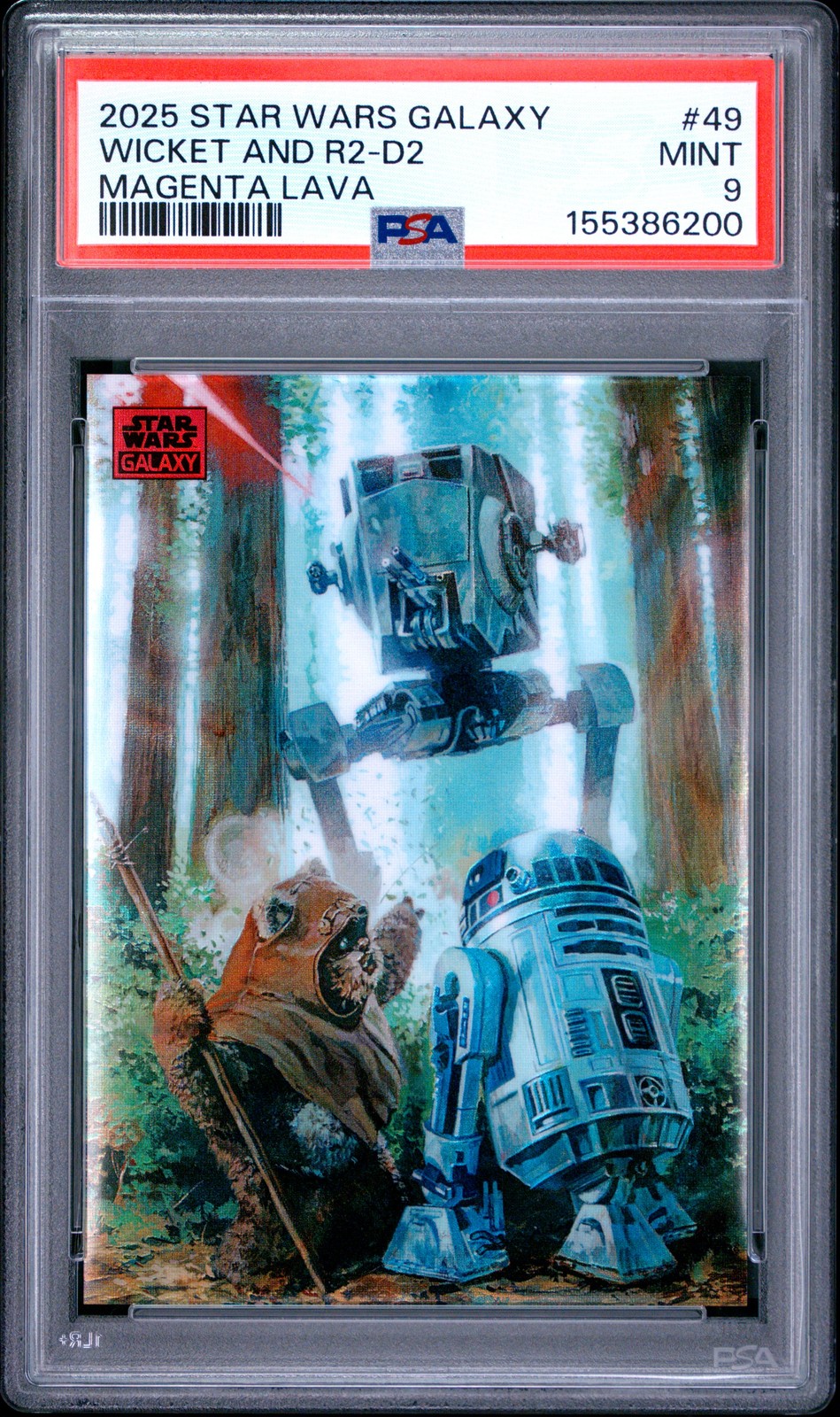 2025 TOPPS CHROME STAR WARS GALAXY MAGENTA LAVA WICKET AND R2-D2 29/250 PSA 9