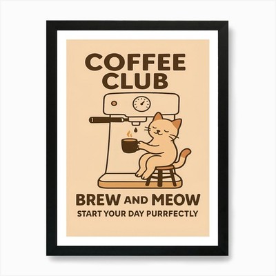 Brew And Meow Coffee Club Kunstdruck gerahmtes Wandbild Poster Leinwanddruck Bild