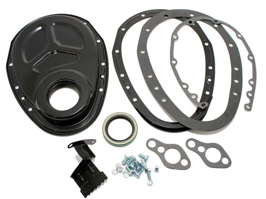 SB Chevy Black Steel 2Piece Timing Cover Kit Reinforced SBC 305 327 350 383 eBay