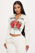 Ed Hardy Hearts Zip Front Cropped Hoodie Stone XL