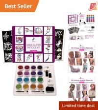 Glitter Temporary Tattoo Kit 92 Pieces 74 Stencils 16 Colors for Kids Parties