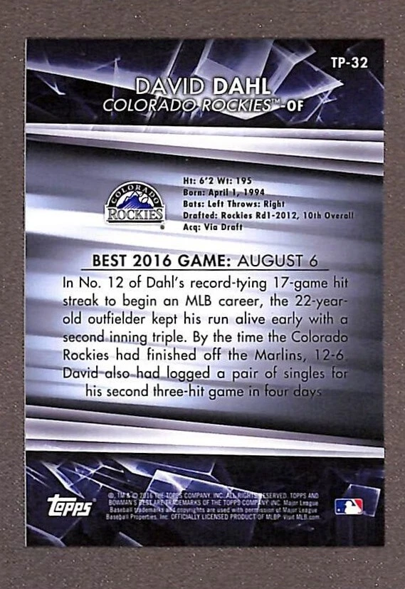 2016 Bowman's Best Top Prospects #TP-32 David Dahl Green Refractor /99 - Image 2 of 3