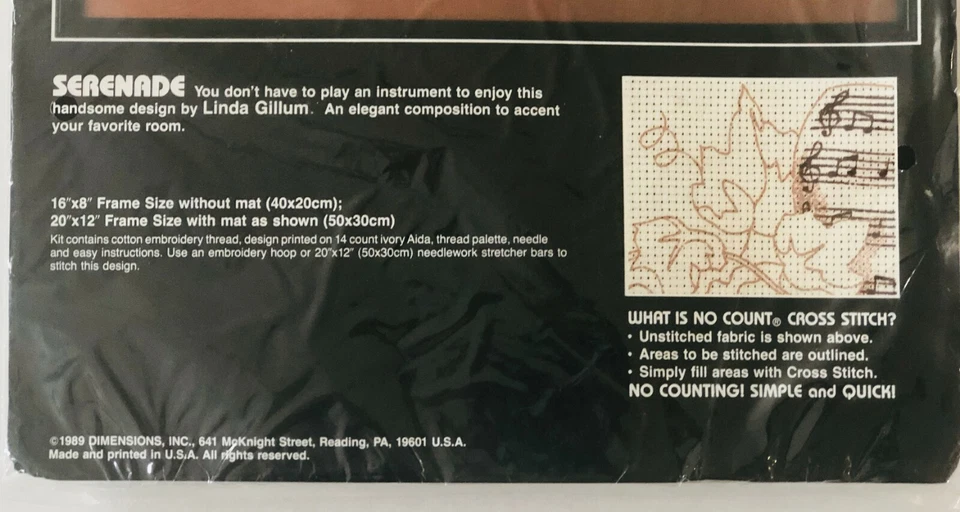DIMENSIONS SERENADE Punto de Cruz Sin Cuenta Kit #3929 Nuevo de Lote Antiguo 1989 Foto 2 de 4