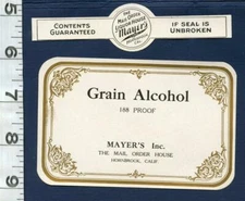 MAYER'S GRAIN ALCOHOL 188 PROOF BOTTLE & CAP LABEL MOONSHINE WHISKEY BAR RARE