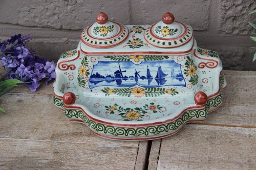 antique Ceramic pottery Boch keramis delft blue white inkwell marked floral - Picture 2 of 8