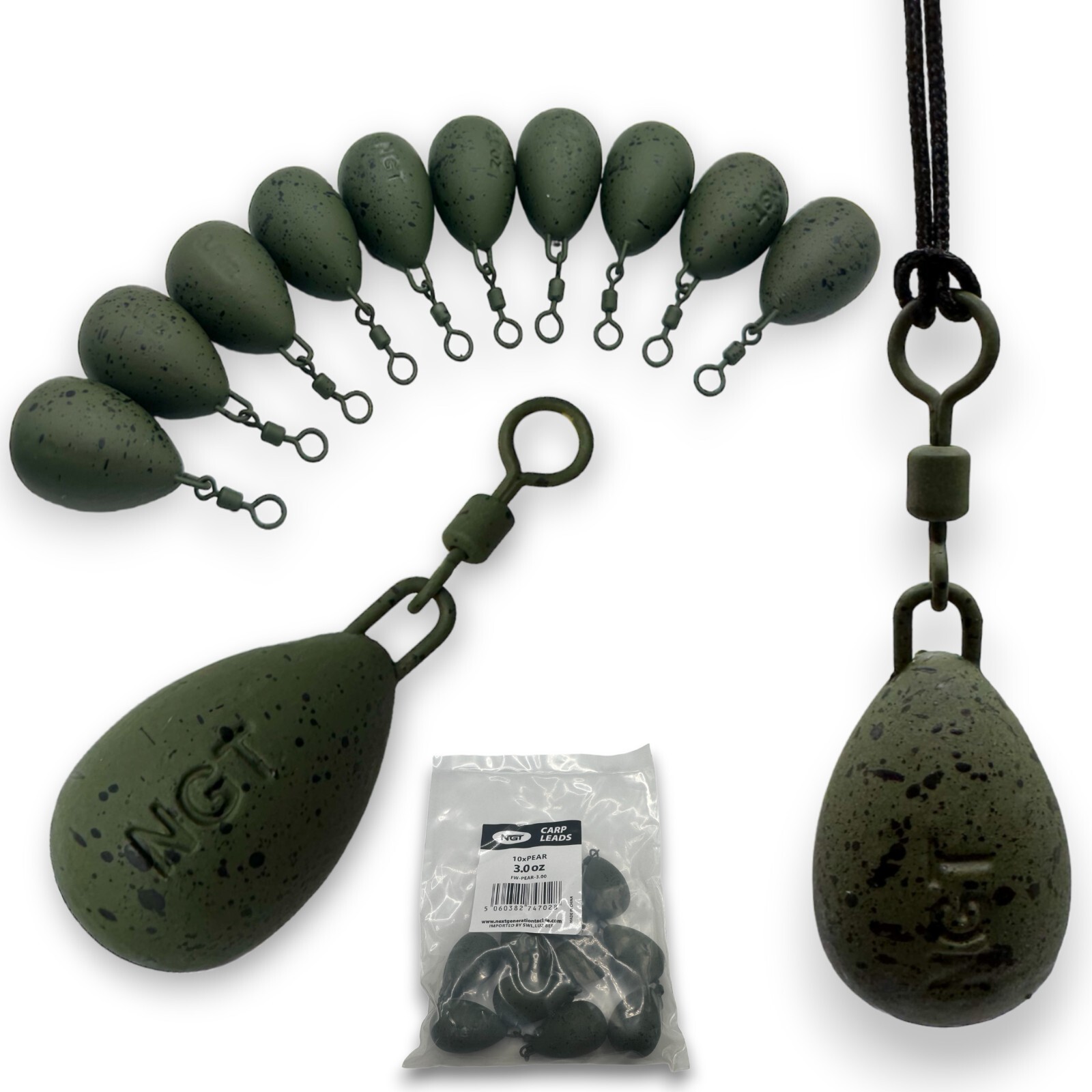 10 NGT Carp Fishing Leads Pear Weights 1.1, 1.5, 2, 2.5, 3oz Casting