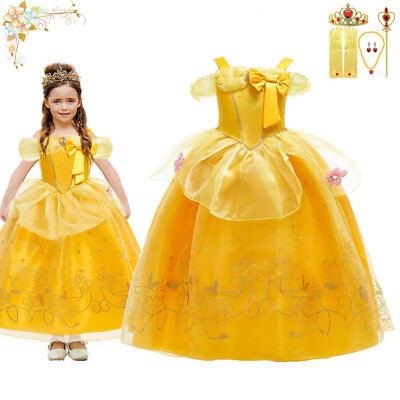 Kid Girls Princess Belle Fancy Dress Costume Beauty Beast Birthday Party  Outfit UK