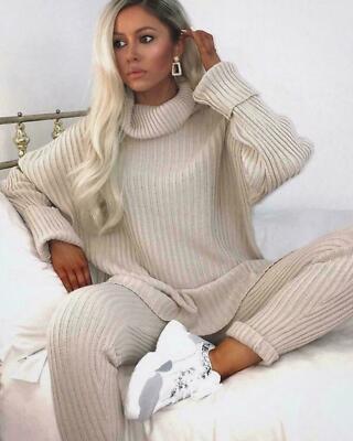 Ladies Women's Chunky Knitted High Roll Neck Top Bottom Loungewear  Tracksuit Set