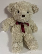 Vintage Shaggy Plush Beige Teddy Bear With Maroon Ribbon Around Neck 16inch Bear