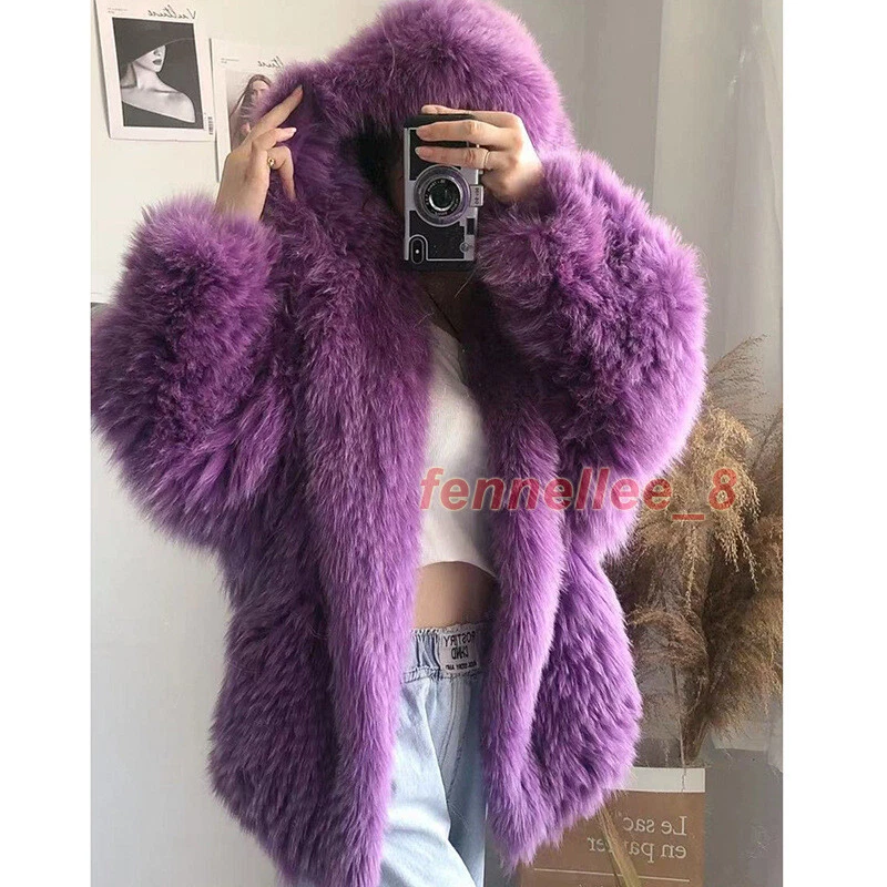 Mujeres Abrigo Tejido Piel de Zorro Real Con Capucha Manga de Murciélago Chaqueta Suelta Cálida Prendas de abrigo Prendas para el torso Foto 2 de 4