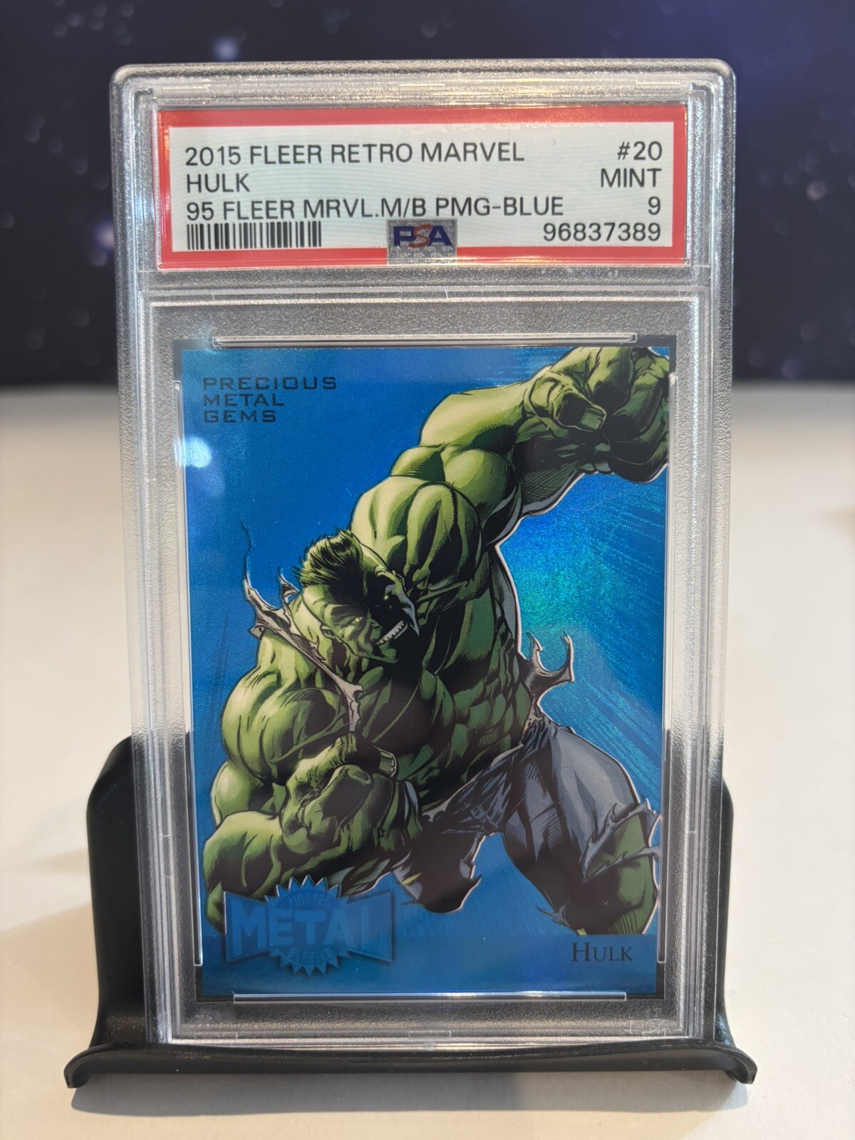 PSA 9 Card: 2015 Marvel Fleer Retro Precious Metal Gems #20 BLUE HULK /50