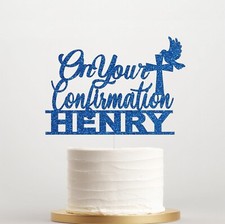 Confirmation Cake Topper, Personalised Name & Cross, Glitter Cake Decor