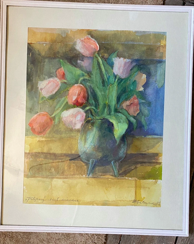 :AQUARELL UNDEUTL. SIGN. 1989 BLUMENSTILLEBEN IN BLAUER VASE ROTE & WEIßE TULPEN - Bild 1 von 4