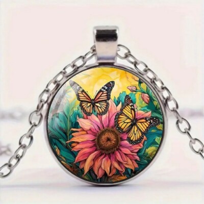New Sunflower Butterfly Round Pendant Necklace Perfect Gift For Sunflower Lovers