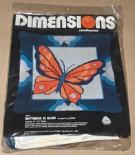 1977 Dimensions / Jinice "Butterfly in Blues" Needlepoint Kit NIP 14x14"