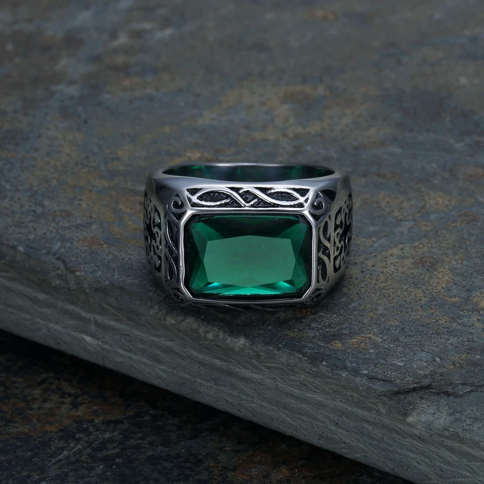 Anillos de piedras preciosas verdes ovaladas cruz vikinga de acero inoxidable para hombre talla 7-15 Foto 3 de 4