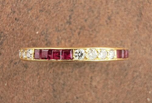 18k Yellow Gold Ruby Diamond Alternating Eternity Band Ring - Picture 2 of 10