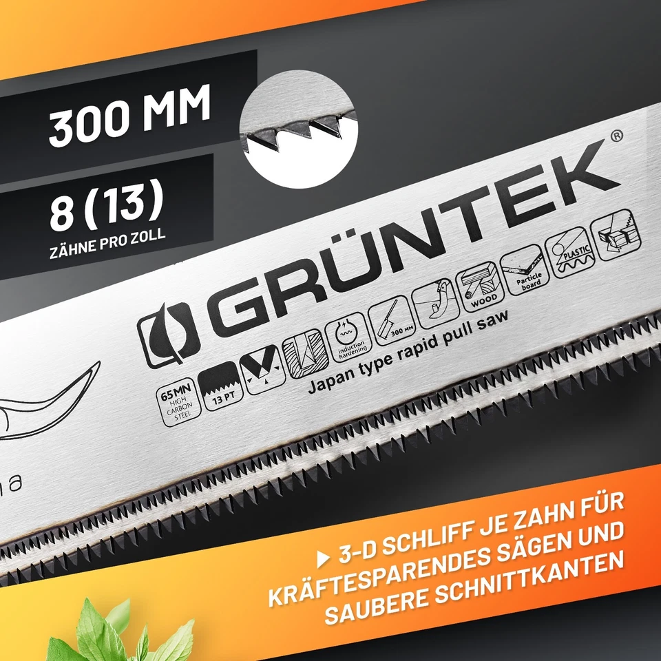 GRÜNTEK MURENA Japanische Säge 300mm + 2 wechselbaren Sägeblättern, Zugsäge - Bild 2 von 4
